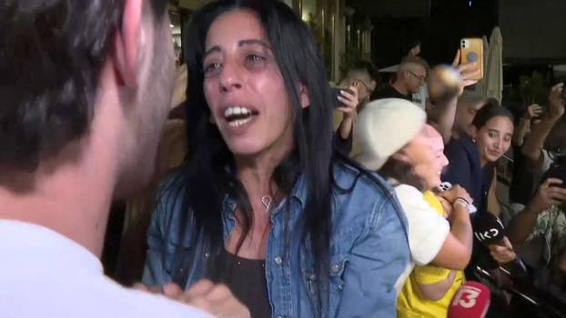 Einav Zangauker, the mother of hostage Matan Zangauker, reacts to news that Israel and Hamas have agreed on Wednesday to the first phase of U.S. President Donald Trump's plan for Gaza, at Hostages Square in Tel Aviv