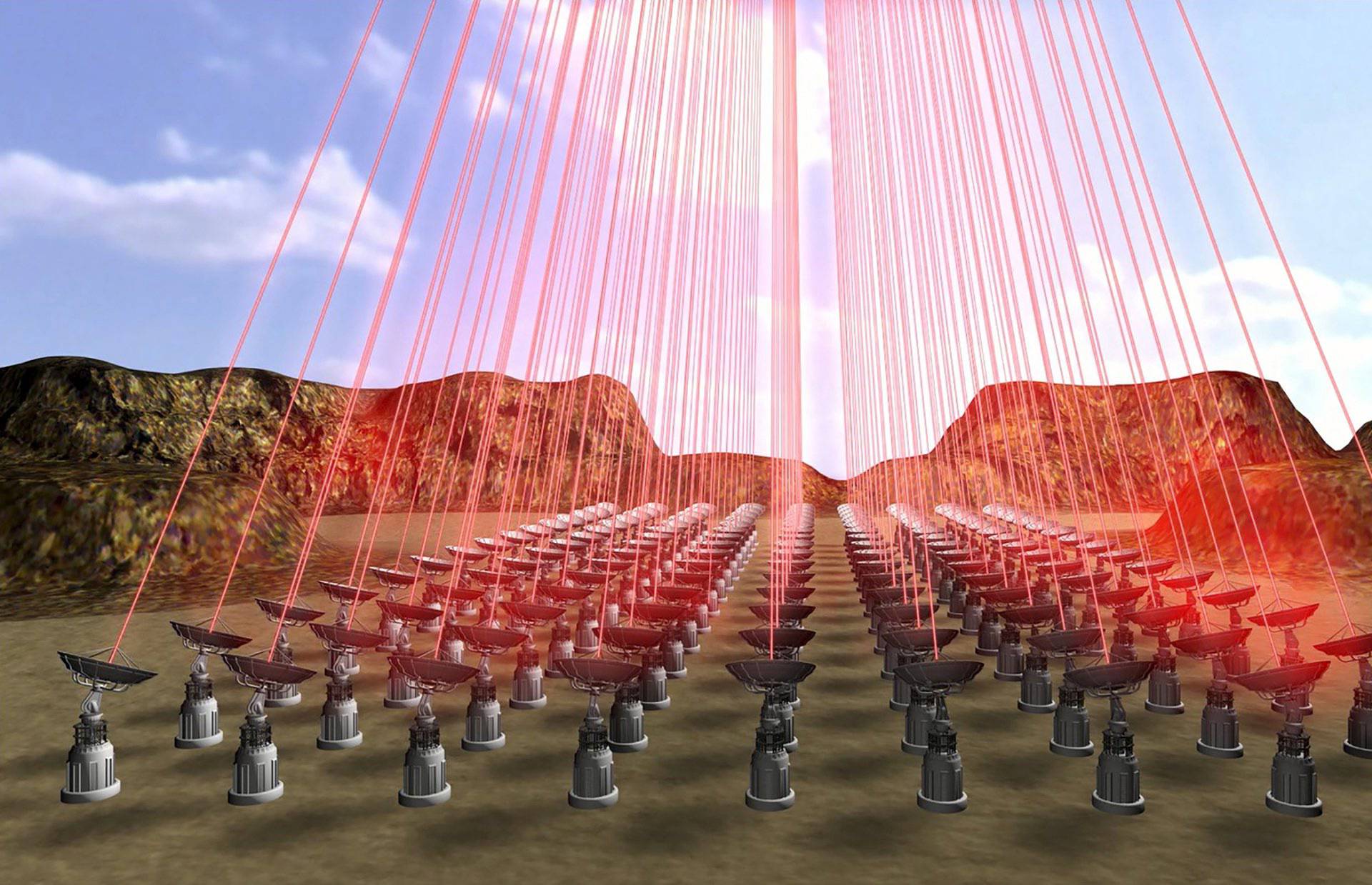 A still image taken from a video rendering shows phased arrays of lasers which could be used on Breakthrough Starshot