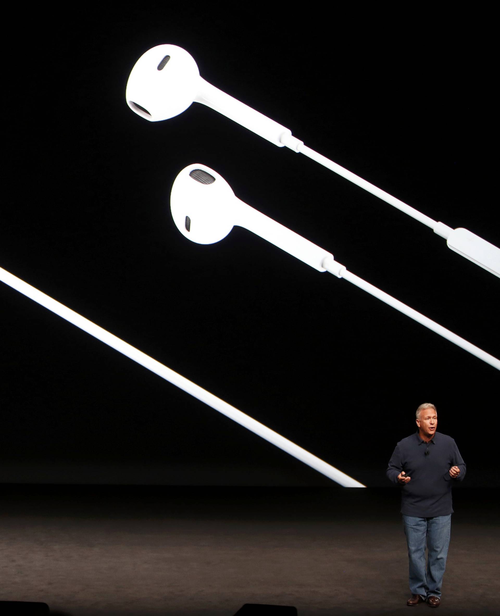 Phil Schiller discusses the audio features of the iPhone7 during a media event in San Francisco