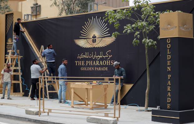 FILE PHOTO: Workers prepare for transfering 22 mummies from the Egyptian Museum in Tahrir to the National Museum of Egyptian Civilization in Fustat, amidst the outbreak of coronavirus disease (COVID-19), in Cairo