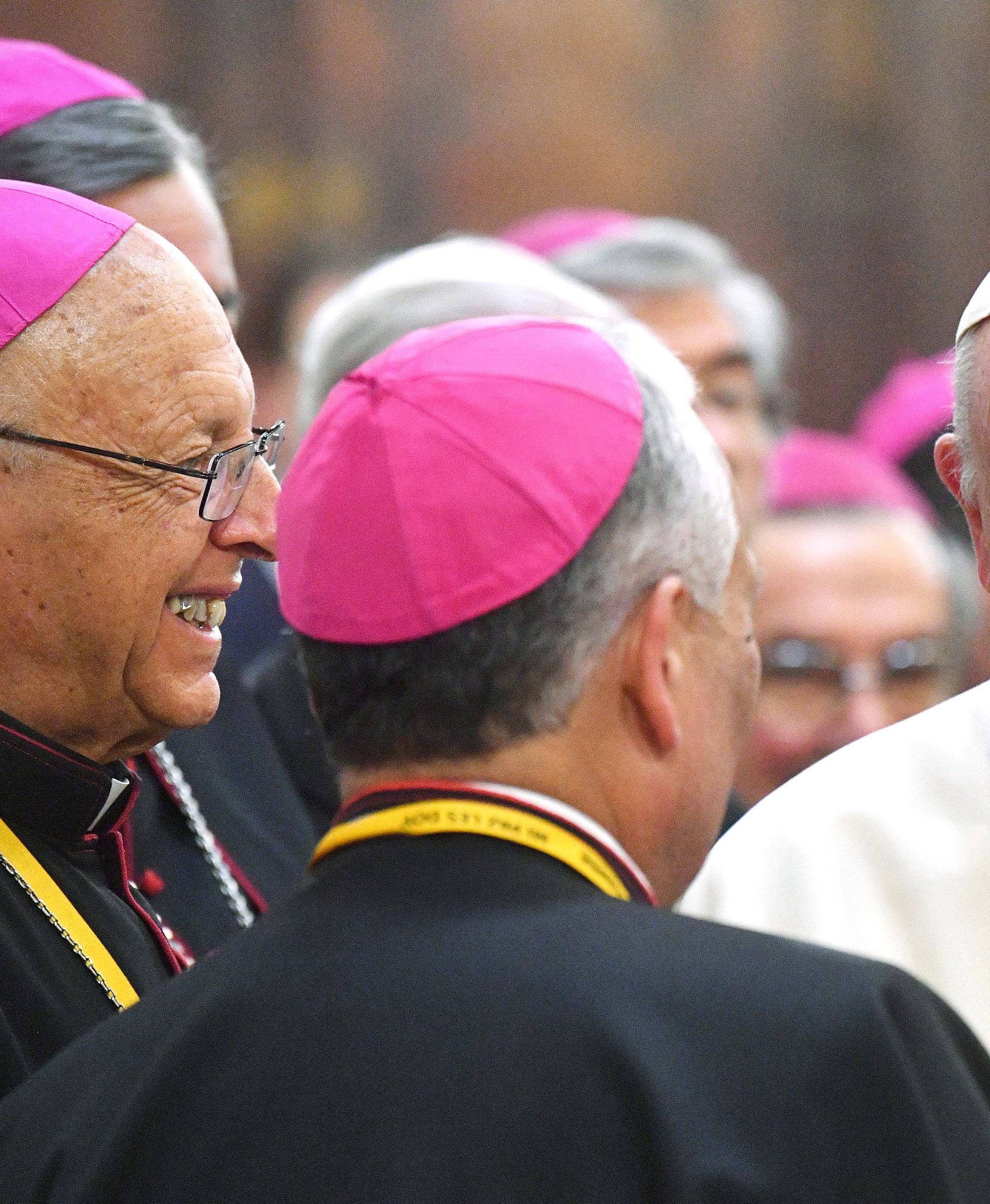 Pope Francis meets with bishops in the sacristy of the Cathedral of Santiago, in Santiago