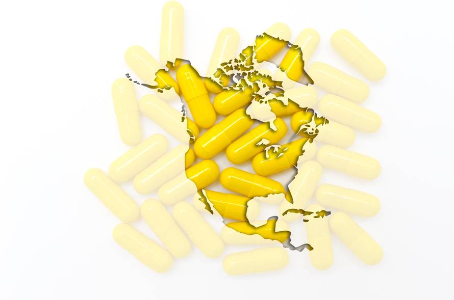 Outline map of north america with pills in the background for he