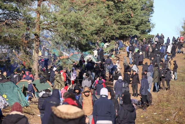 Migrants gather on the Belarusian-Polish border