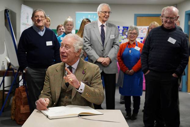 Britain's King Charles visit to Aboyne and Mid Deeside Community Shed, in Aboyne