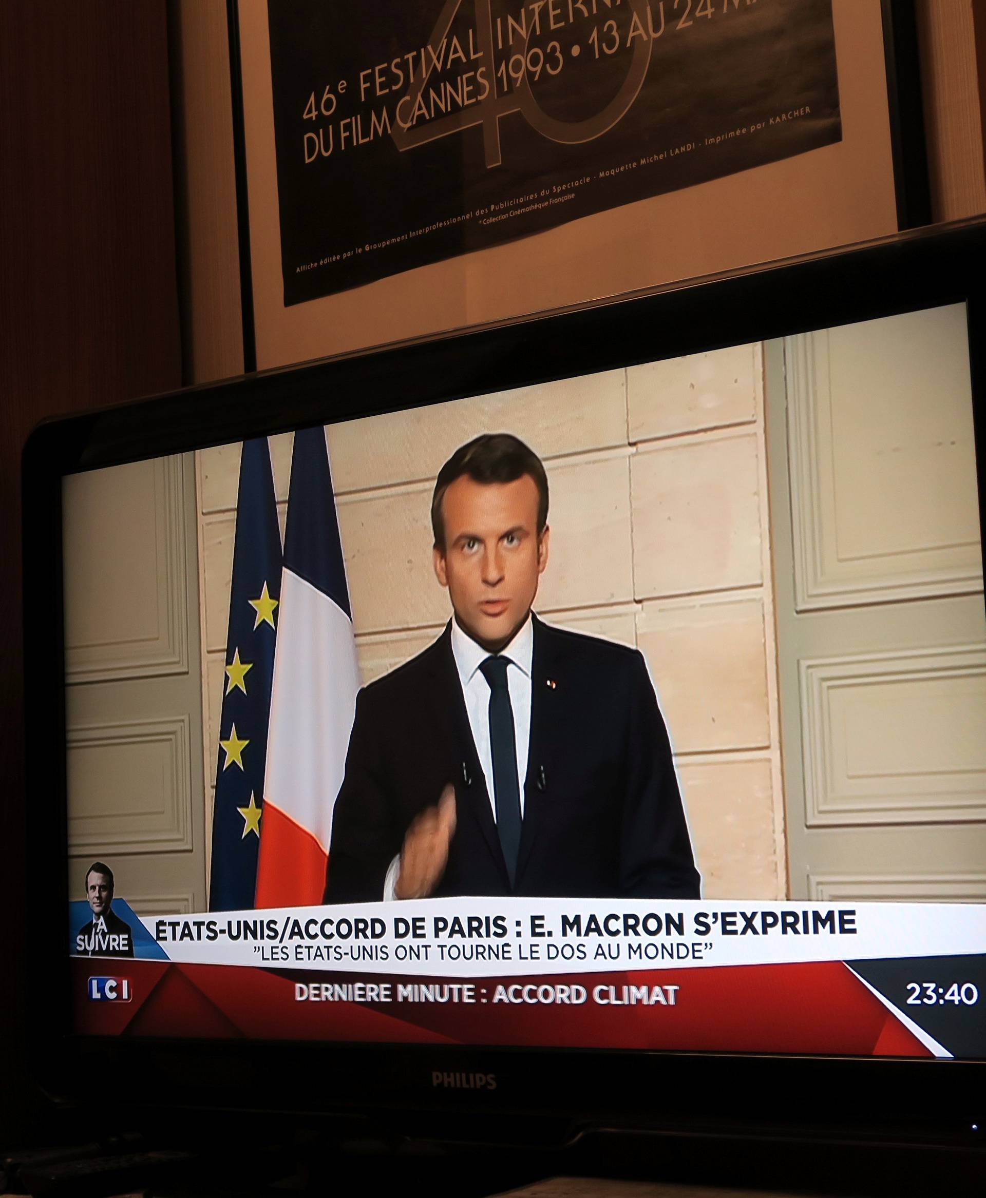 French President Emmanuel Macron, seen on all news channel LCI, speaks from the Elysee Palace in Paris, France, after U.S. President Donald Trump announced his decision that the United States will withdraw from the Paris Climate Agreement