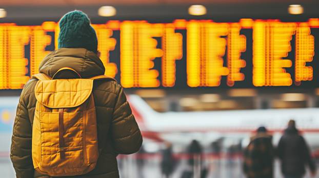 Traveler Awaits Flight, Illuminated Departure Board Background