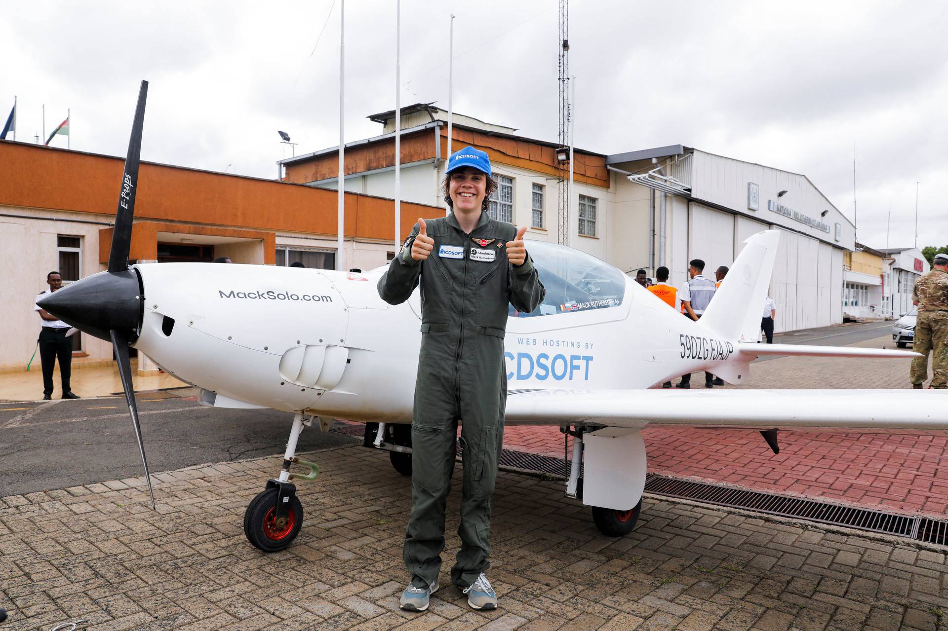 Mack Rutherford, a 16-year-old British-Belgian pilot, poses for a photo after arriving at the Wilson airport in Nairobi