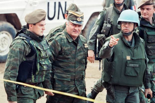 Bosnian Serb General Ratko Mladic arrives at a meeting at the airport in Sarajevo