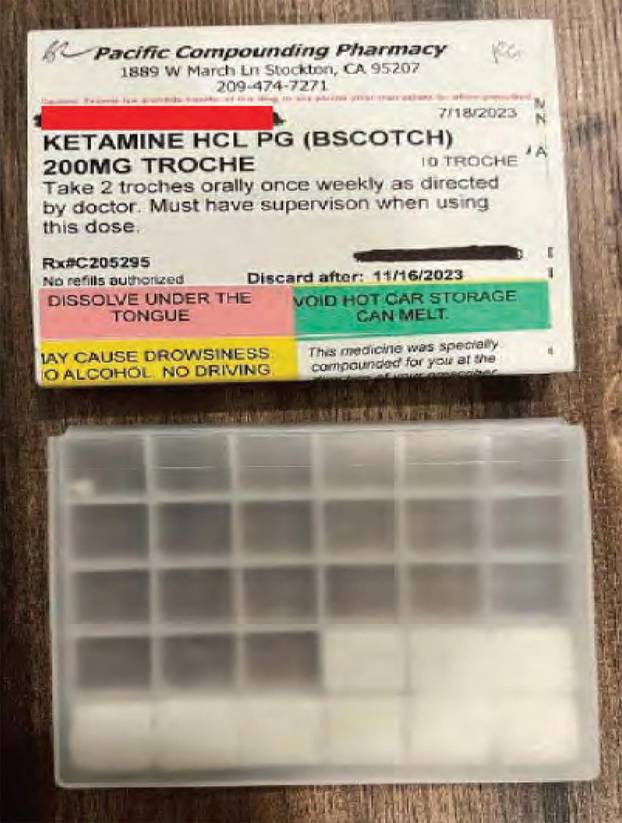 A redacted undated photograph in a Grand Jury charging document shows what is described as a fraudulent prescription for ketamine