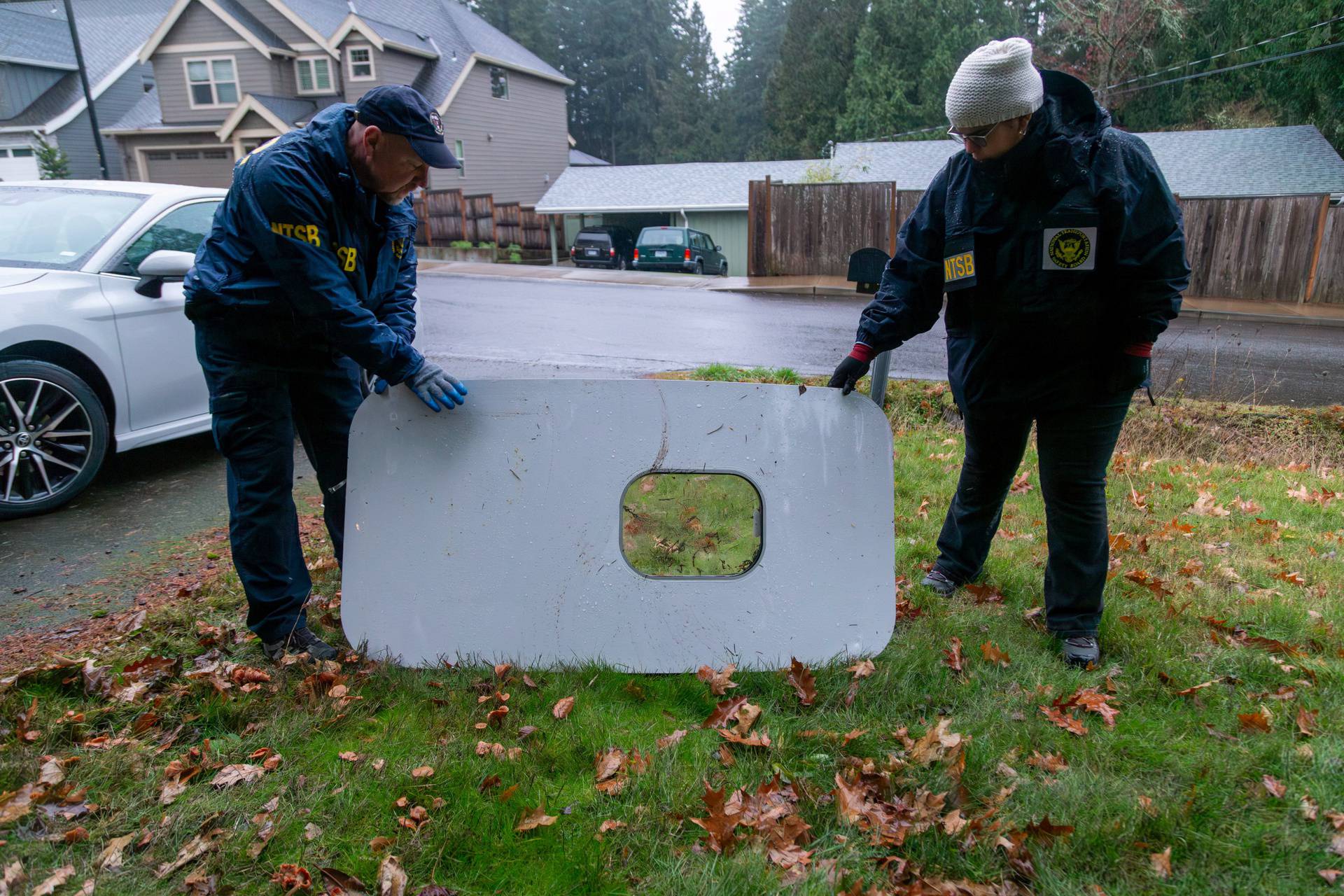 The recovered fuselage plug area of Alaska Airlines Flight 1282 Boeing 737-9 MAX