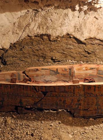 A coffin is seen in the recently discovered tomb of Amenemhat, a goldsmith from the New Kingdom, at the Draa Abu-el Naga necropolis near the Nile city of Luxor