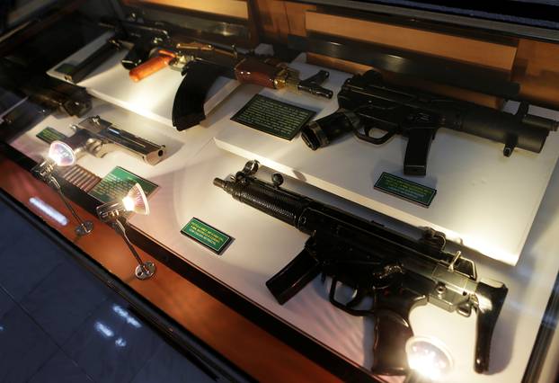 Guns are displayed in the Drugs Museum, used by the military to showcase to soldiers the lifestyles of Mexican drug lords, at the headquarters of the Ministry of Defense in Mexico City