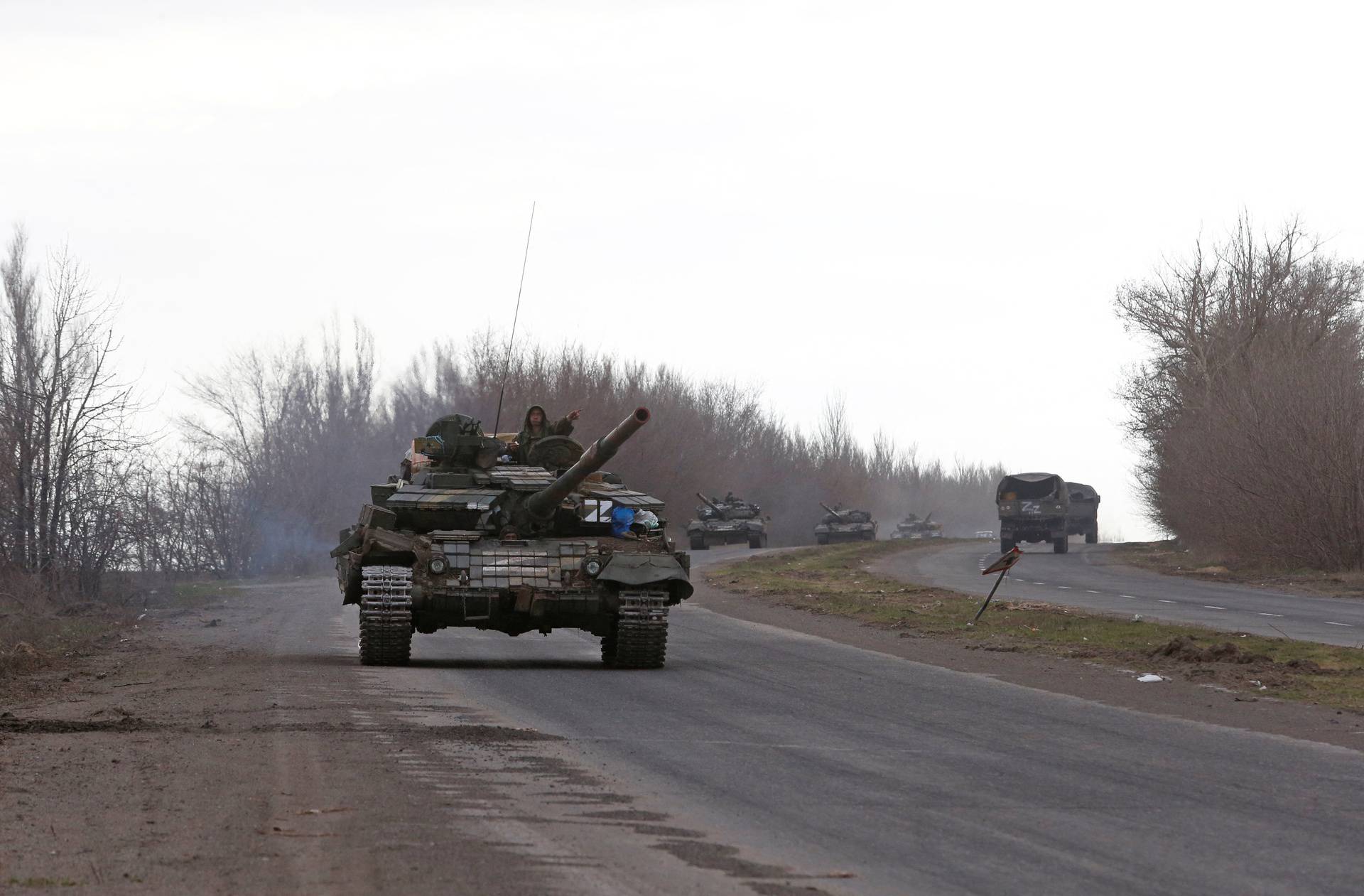 A view shows an armoured convoy of pro-Russian troops near Mariupol