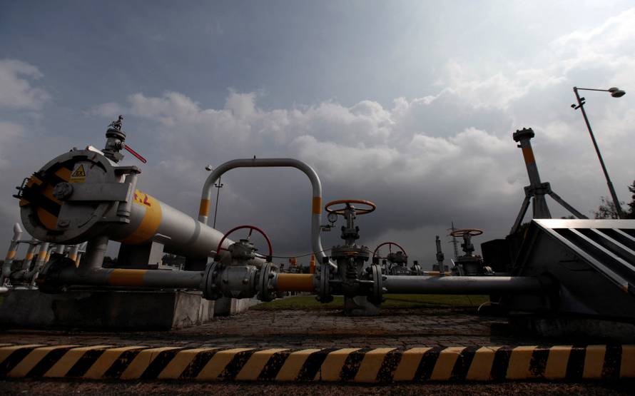 FILE PHOTO: Valves and pipelines are seen at the gas cavern storage in Haje