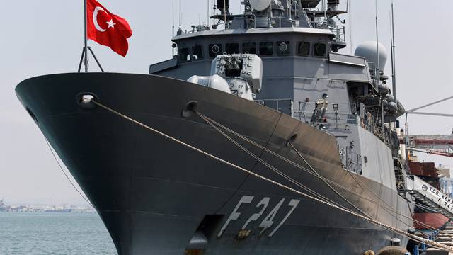 A Turkish naval frigate is seen berthed at the Haifa Port
