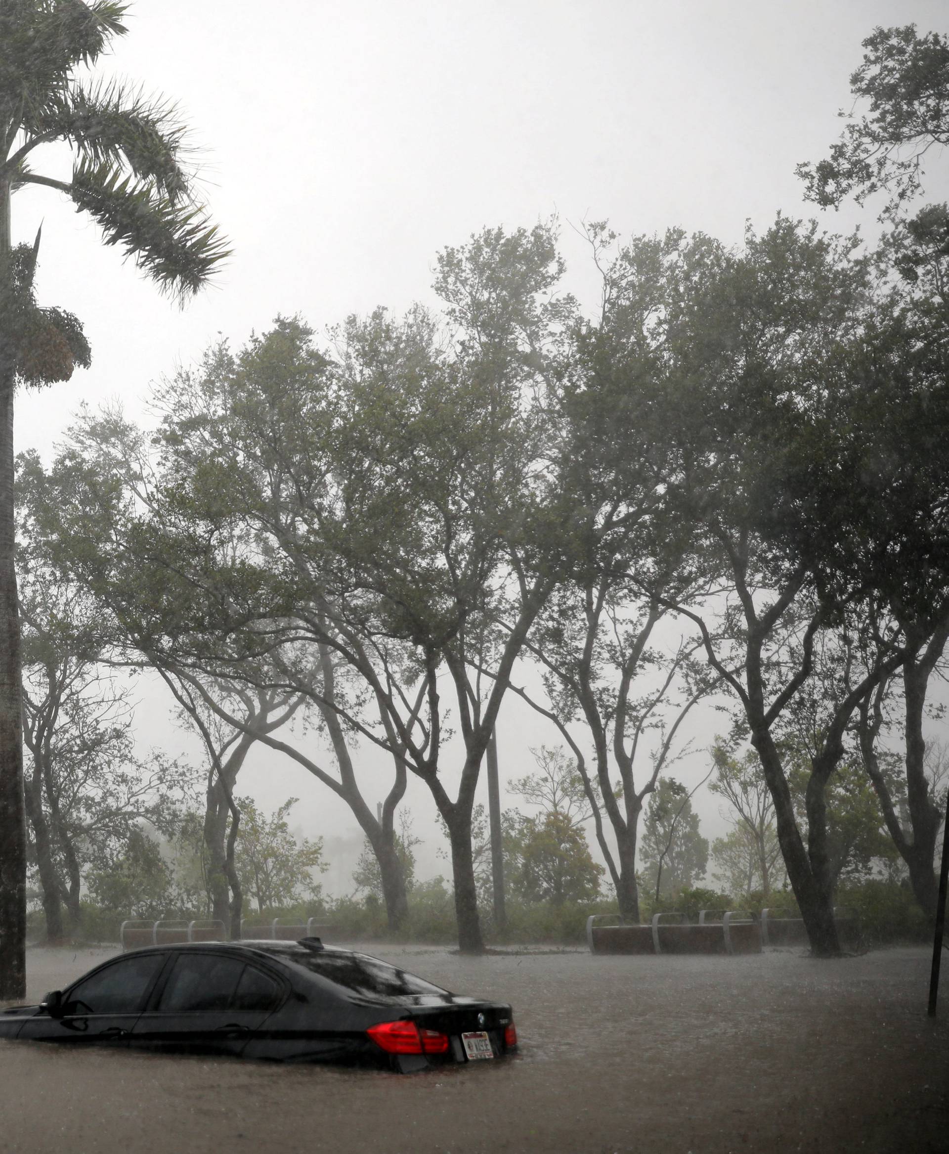 A partially submerged car is seen at a flooded area in Coconut Grove as Hurricane Irma arrives at south Florida, in Miami