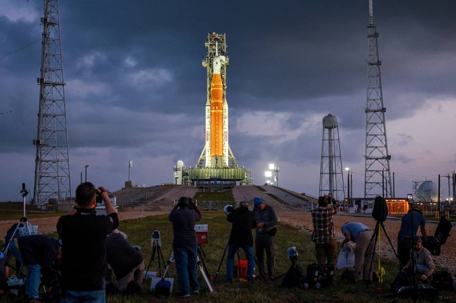 NASA's Artemis II mission, Space Launch System (SLS) rocket with the Orion crew capsule, at the Kennedy Space Center in Cape Canaveral