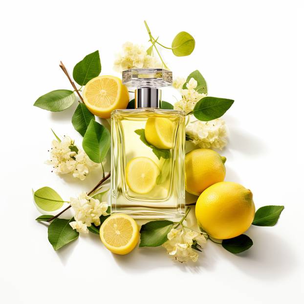 Freshly cut lemons and a bottle of lemon essential oil on a white background