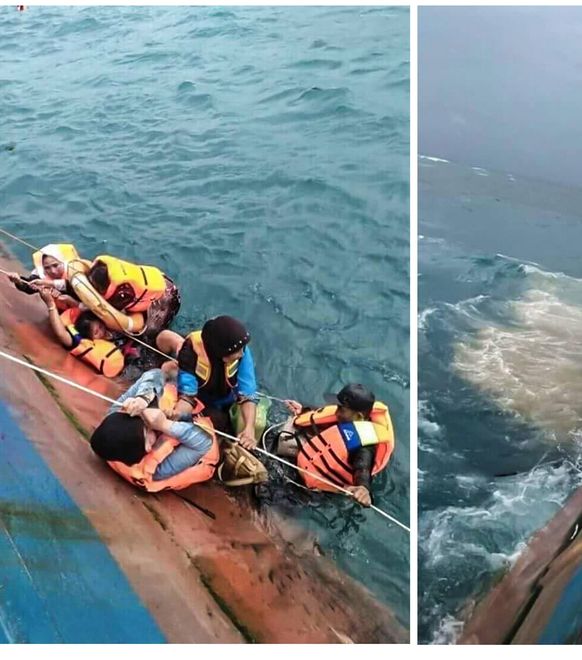 A combination picture shows survivors of KM Lestari Maju boat in the waters of Selayar island