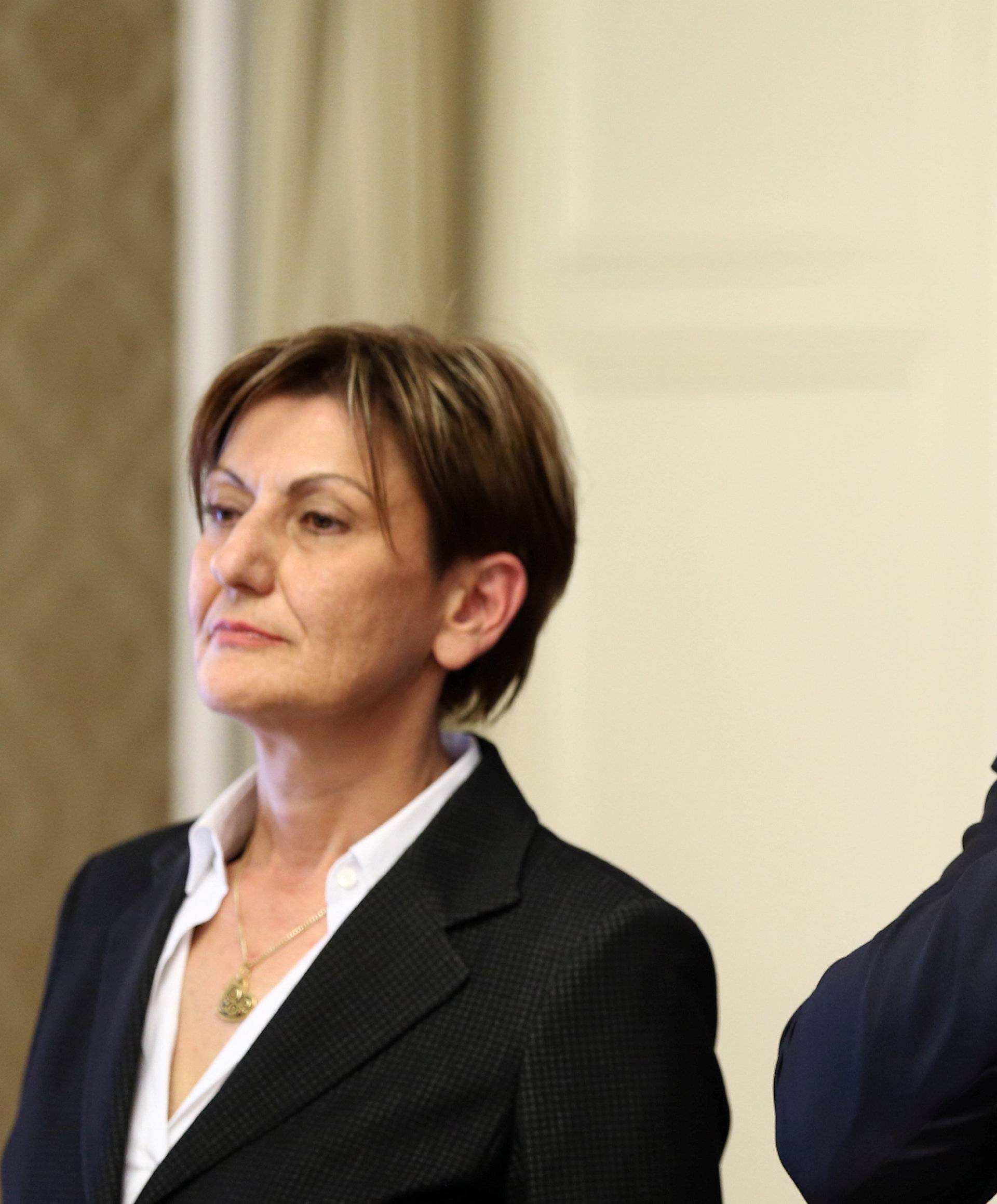 Croatia's Prime Minister Andrej Plenkovic and Martina Dalic, Minister of Economy, attend a news conference in a government building in Zagreb