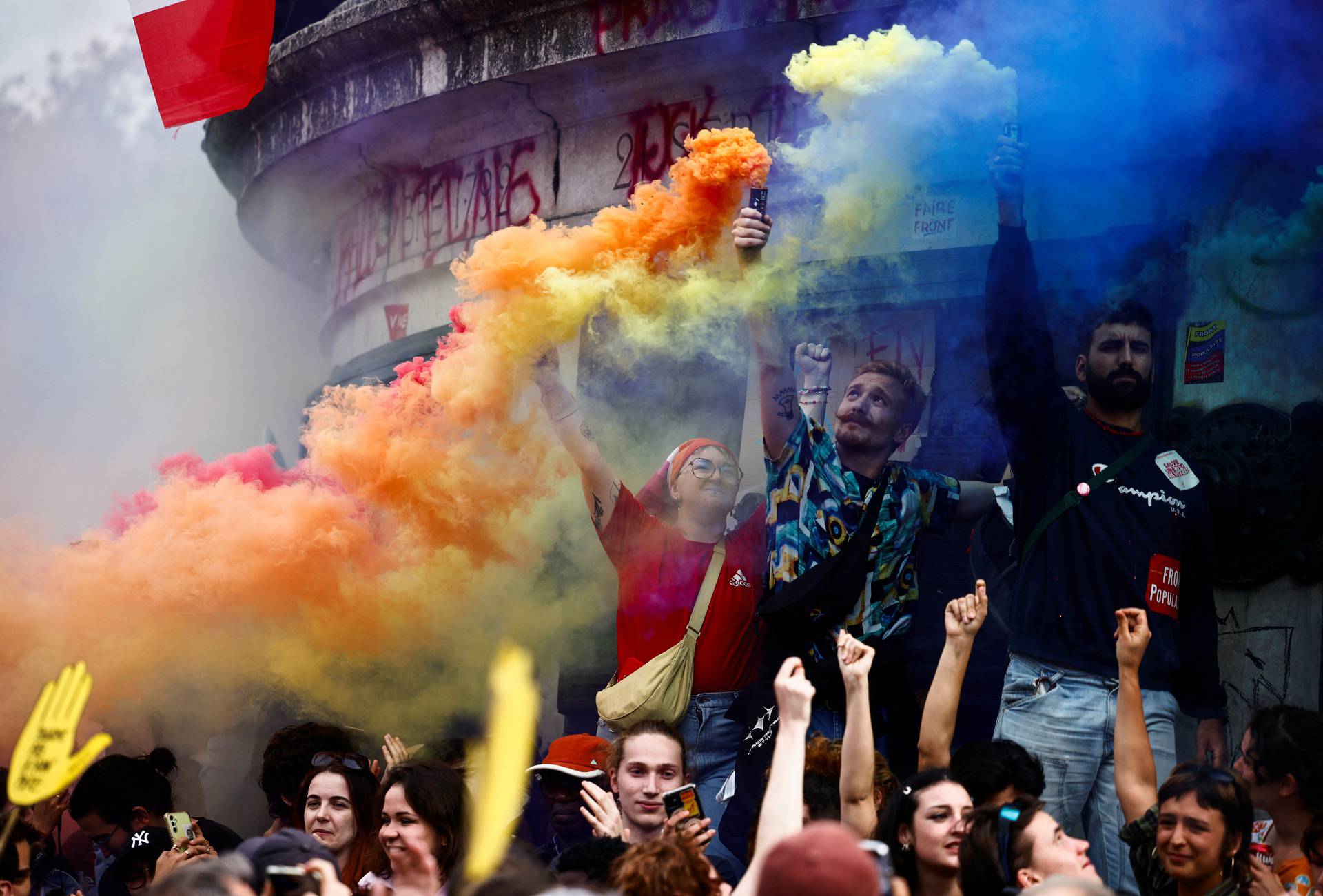 People protest against the French far-right Rassemblement National party, in Paris