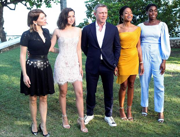FILE PHOTO: Actors Lea Seydoux, Ana de Armas, Daniel Craig, Naomie Harris and Lashana Lynch pose for a picture during a photocall for the British spy franchise