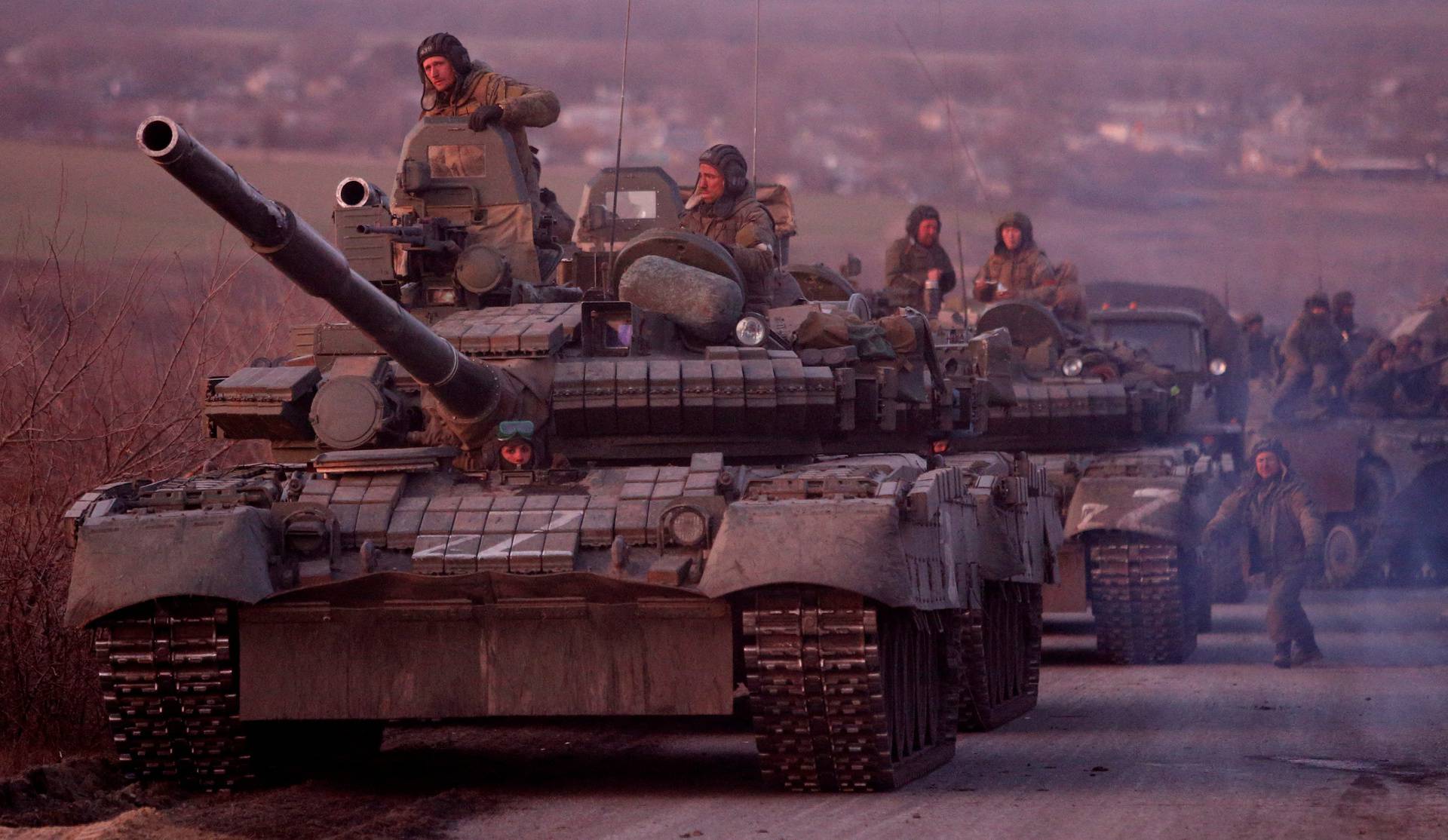 A view shows an armoured convoy of pro-Russian troops near the besieged city of Mariupol