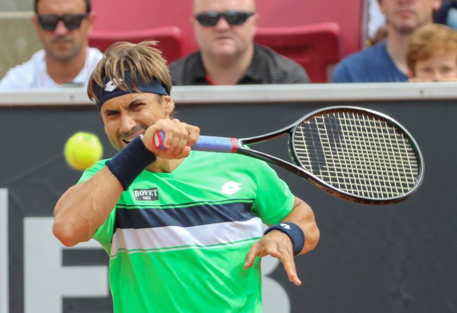 David Ferrer of Spain in action in the semifinal match against Fernando Verdasco, also of Spain, during the ATP tennis tournament Swedish Open in Bastad