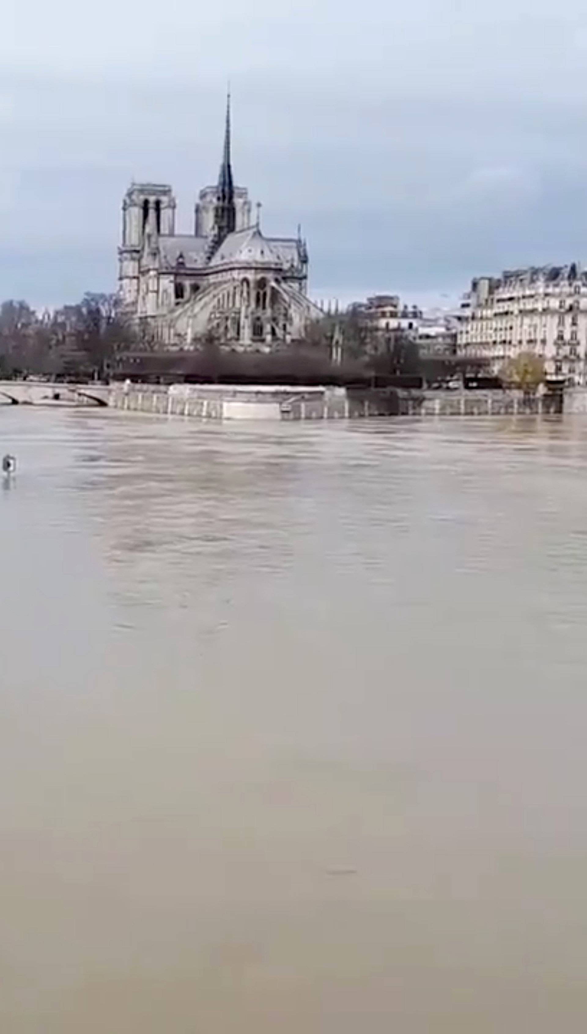 A view shows the flooded banks of the Seine River and Notre Dame cathedral after days of rainy weather in Paris