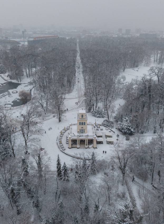 Snow-covered Maksimir park in Zagreb