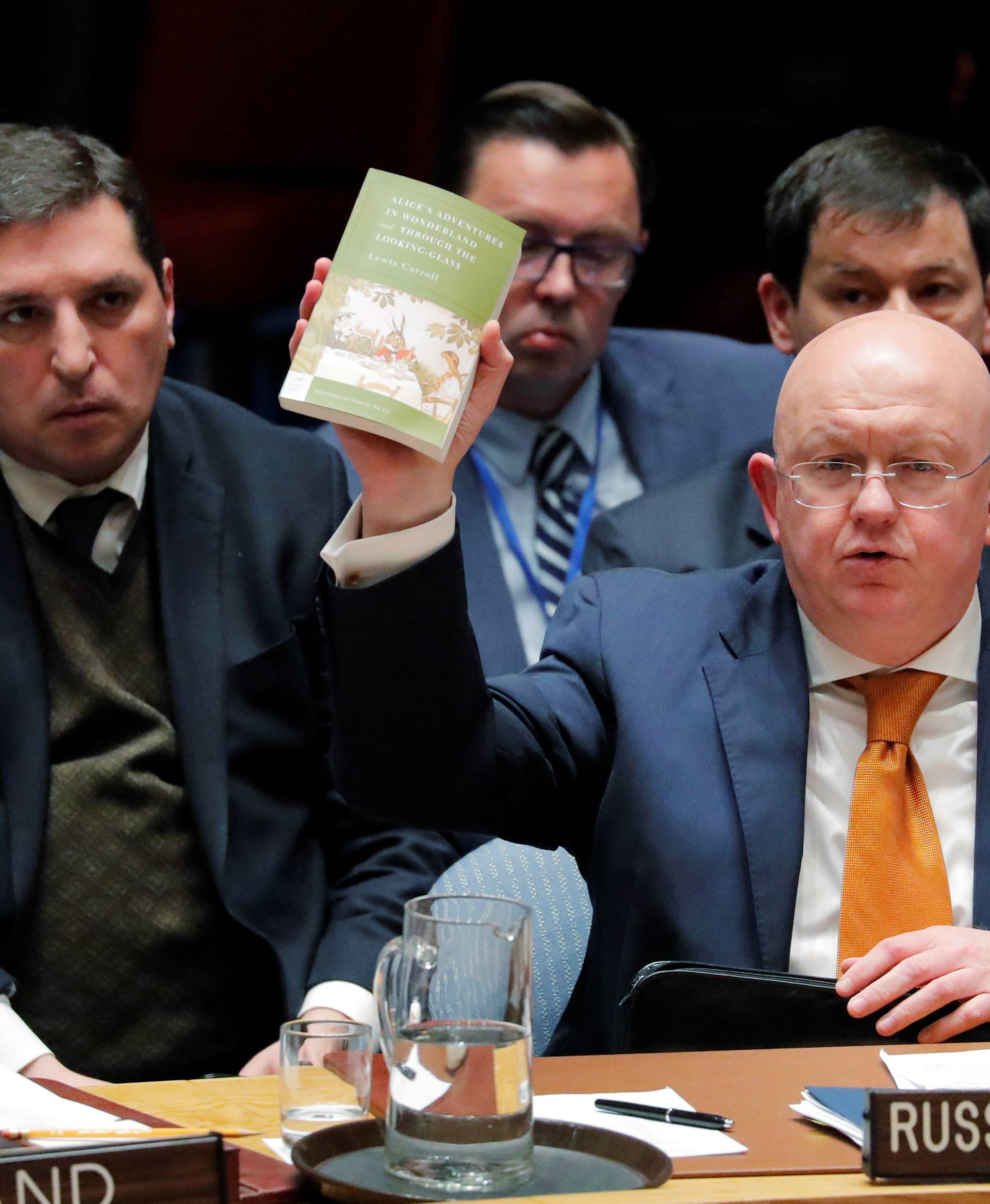 Russian Ambassador to the U.N., Nebenzya quotes from of "Alice's Adventures in Wonderland and Through the Looking Glass" as he speaks regarding an incident in Salisbury, during a meeting of the U.N. Security Council in New York