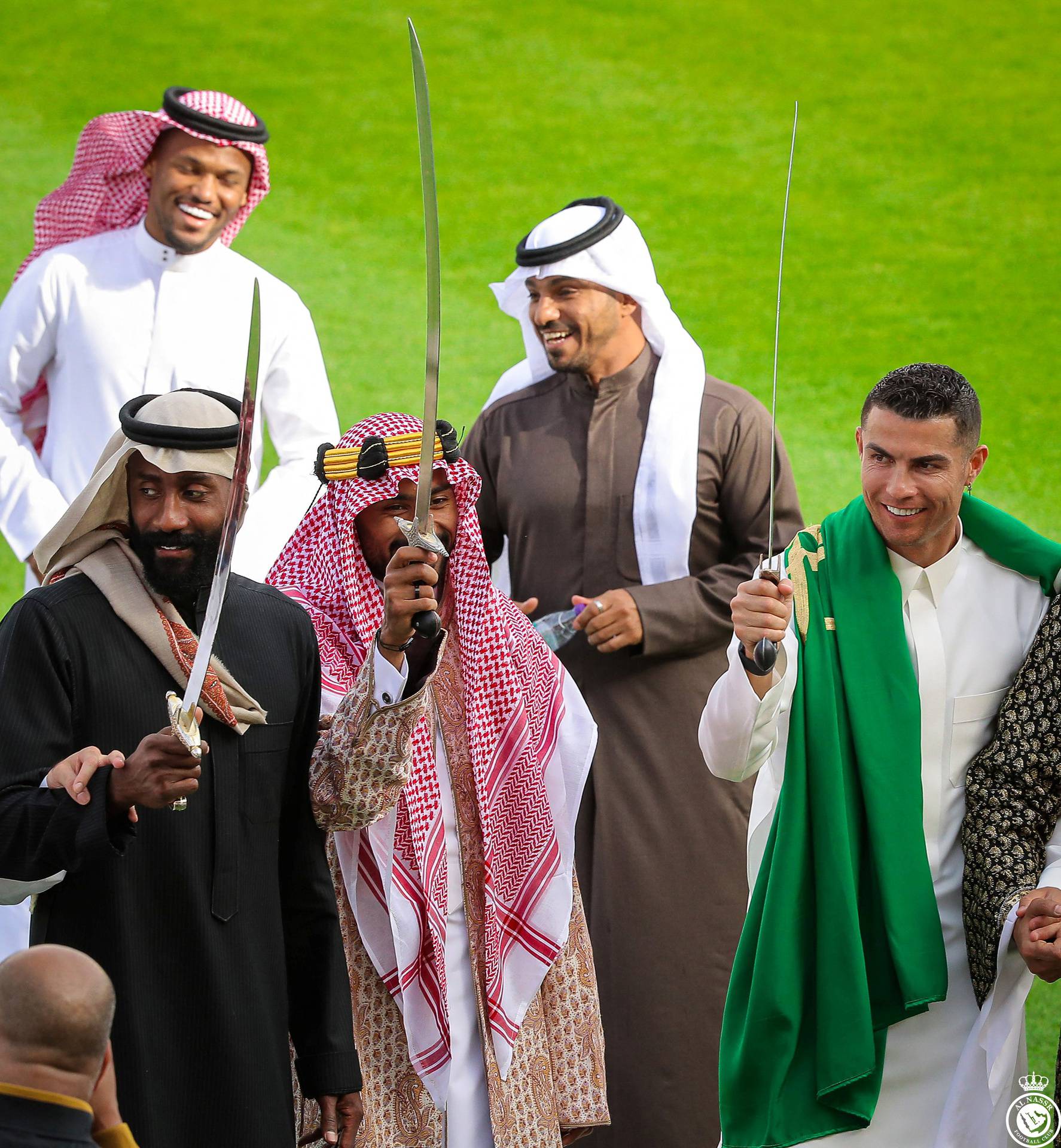 Al-Nassr's Cristiano Ronaldo celebrates Saudi Arabia's Founding Day wearing local traditional clothes at Al-Nassr Football Club in Riyadh, Saudi Arabia