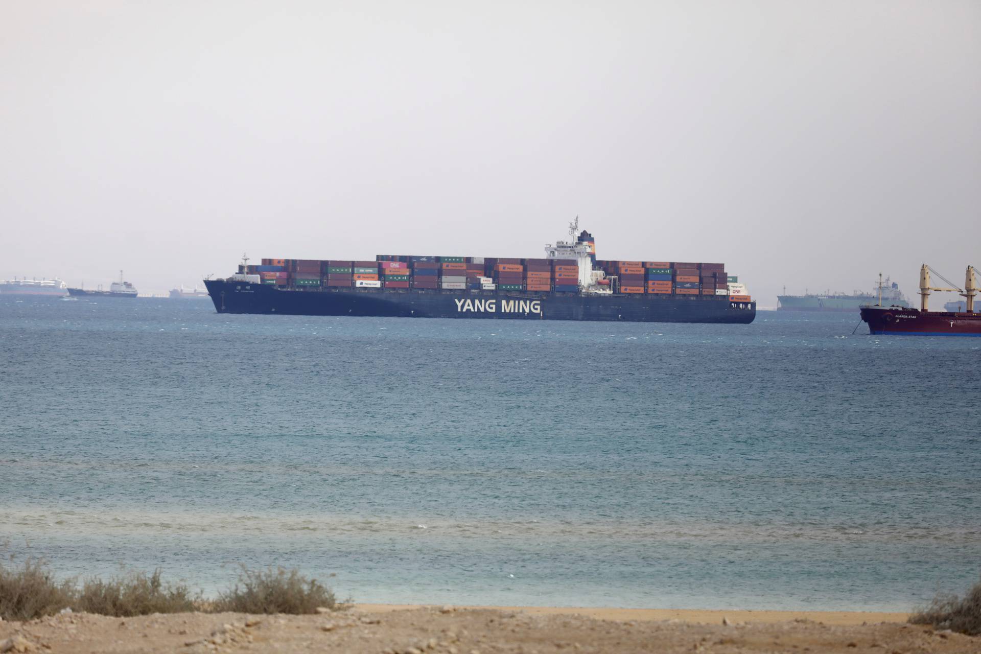 Ships are seen at the entrance of the Suez Canal