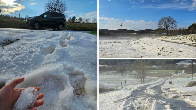 FOTO Ne, ovo nije snijeg: Jaka tuča zatrpala ceste usred Istre