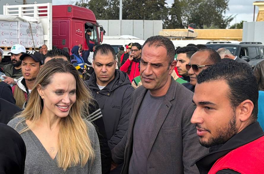 Actor Angelina Jolie visits near the Rafah border crossing between Egypt and the Gaza Strip, in Rafah, Egypt