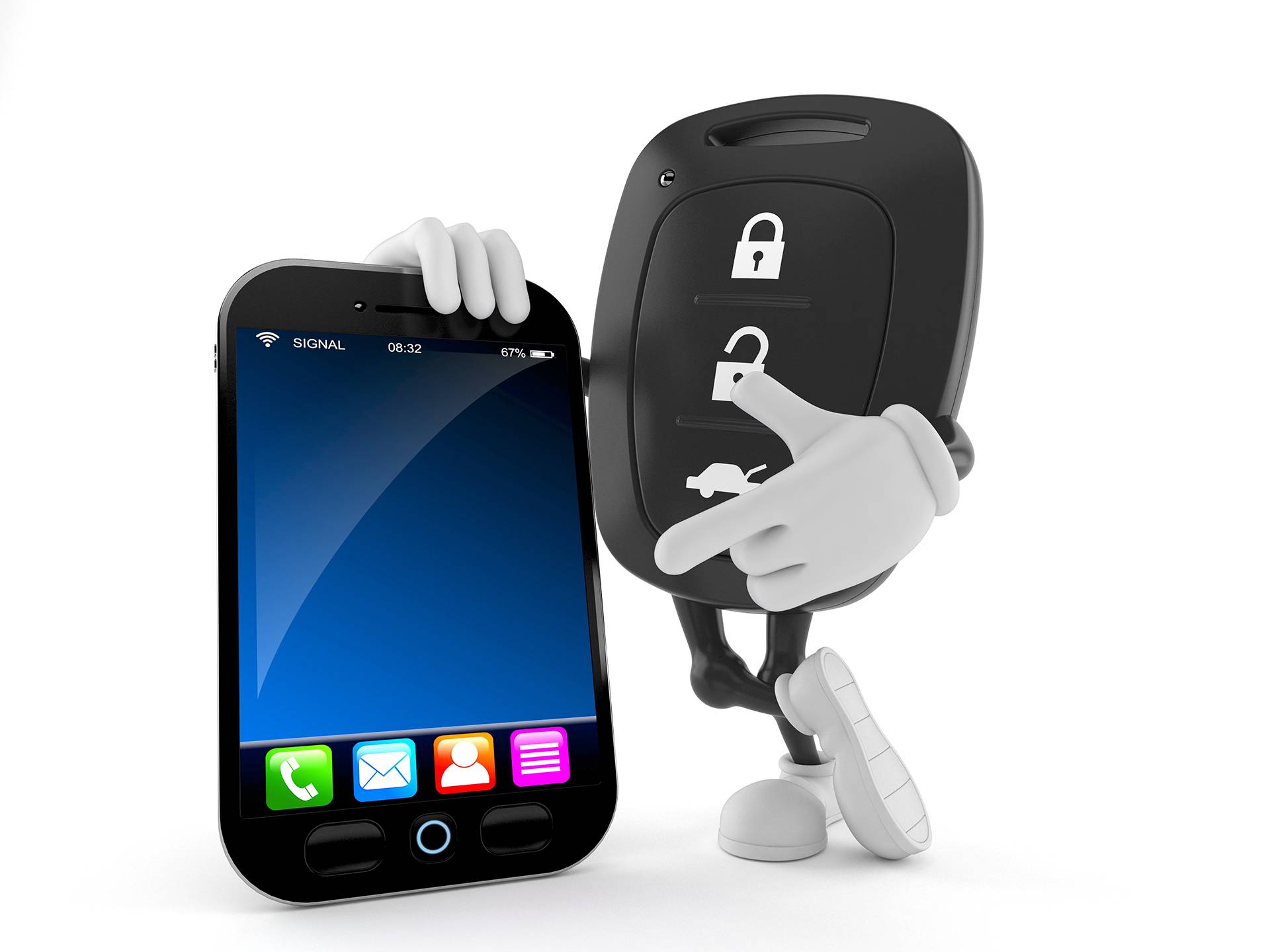 Car,Remote,Key,Character,With,Smart,Phone,Isolated,On,White