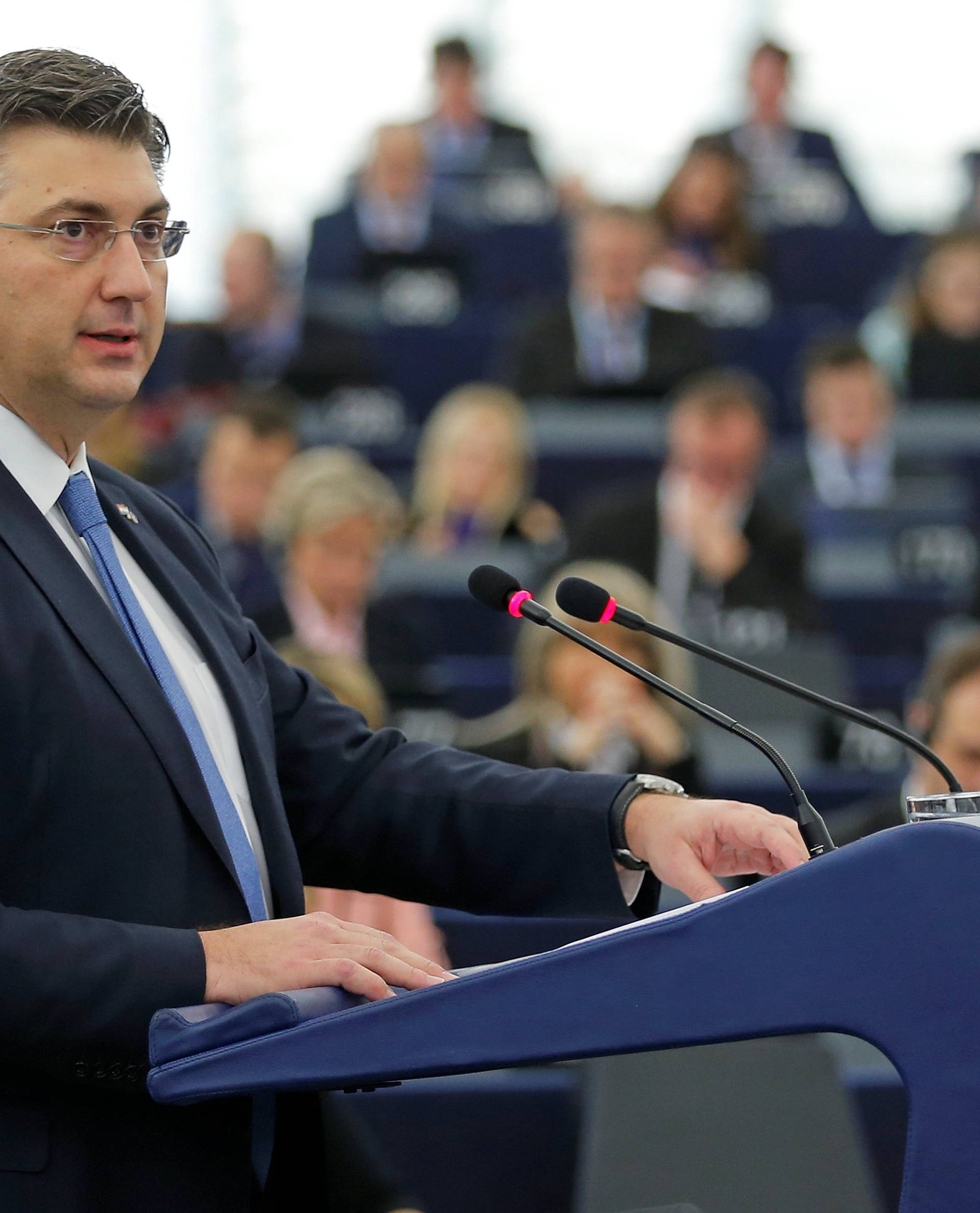 Croatia's Prime Minister Plenkovic delivers a speech during a debate on the Future of Europe at the European Parliament in Strasbourg