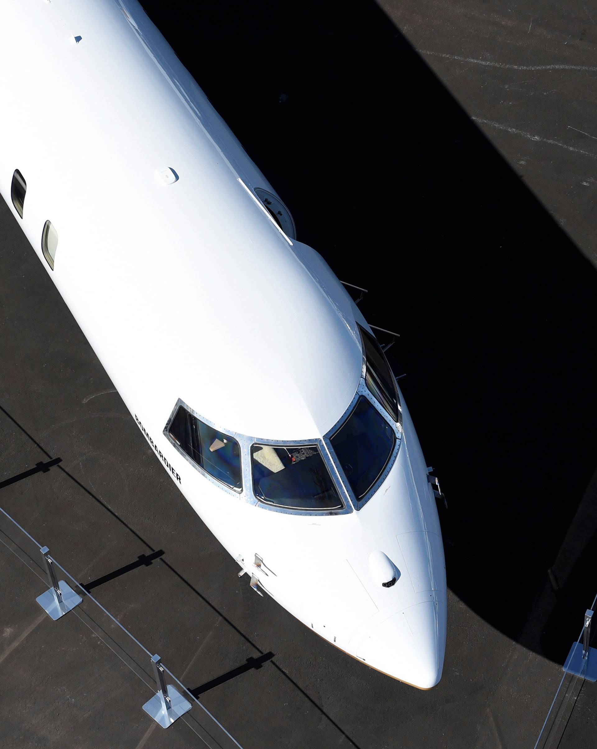 An aerial view of Bombardier's new Global 7000 business jet is seen during the National Business Aviation Association conference and expo at the Henderson Executive Airport in Henderson