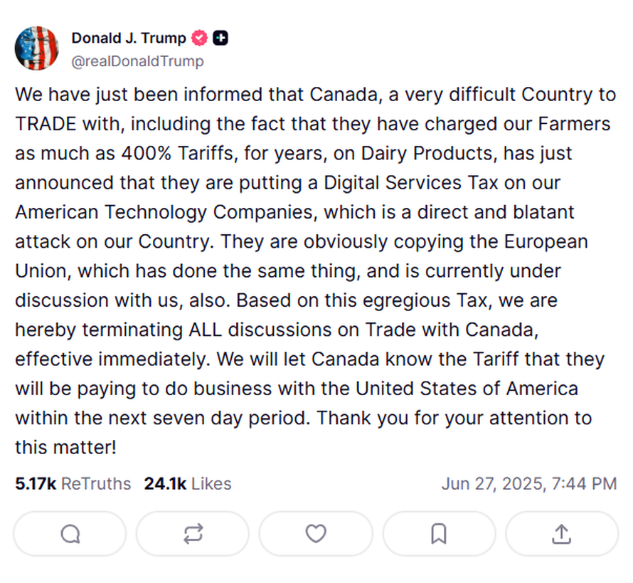 Trump: 'S Kanadom prekidamo sve trgovinske pregovore. Ovo je očiti napad na našu zemlju!'