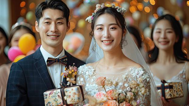 a bride and groom are posing for a picture with their wedding party