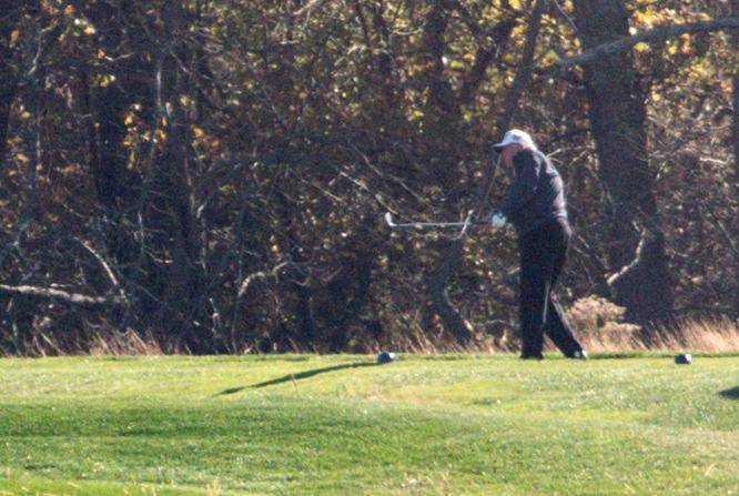 U.S. President Donald Trump plays golf after the 2020 U.S. presidential election was called for Democratic presidential candidate former Vice President Joe Biden at the Trump National Golf Club in Sterling, Virginia