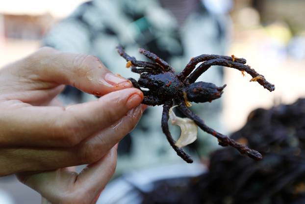 A woman sells fried tarantulas at a market in Kampong Cham province in Cambodia