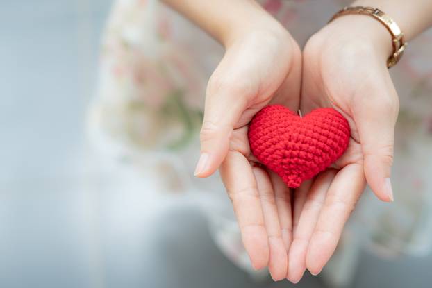 Red heart in hands from above. Healthy, love, donation organ, do