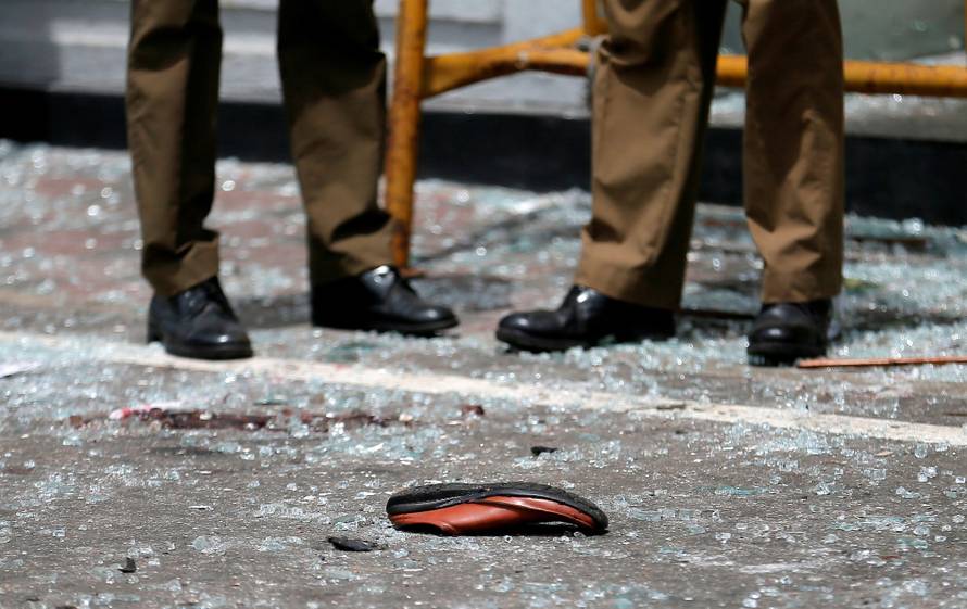 A shoe of a victim is seen in front of the St. Anthony's Shrine, Kochchikade church after an explosion in Colombo