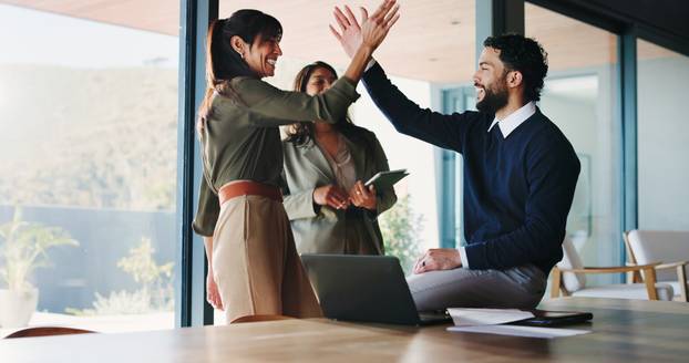 High,Five,,Business,People,Or,Lawyers,Celebrate,In,Office,For