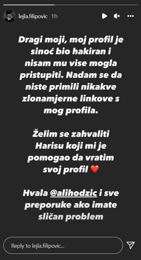 Lejla Filipović se pojadala: 'Moj Instagram profil su hakirali!'