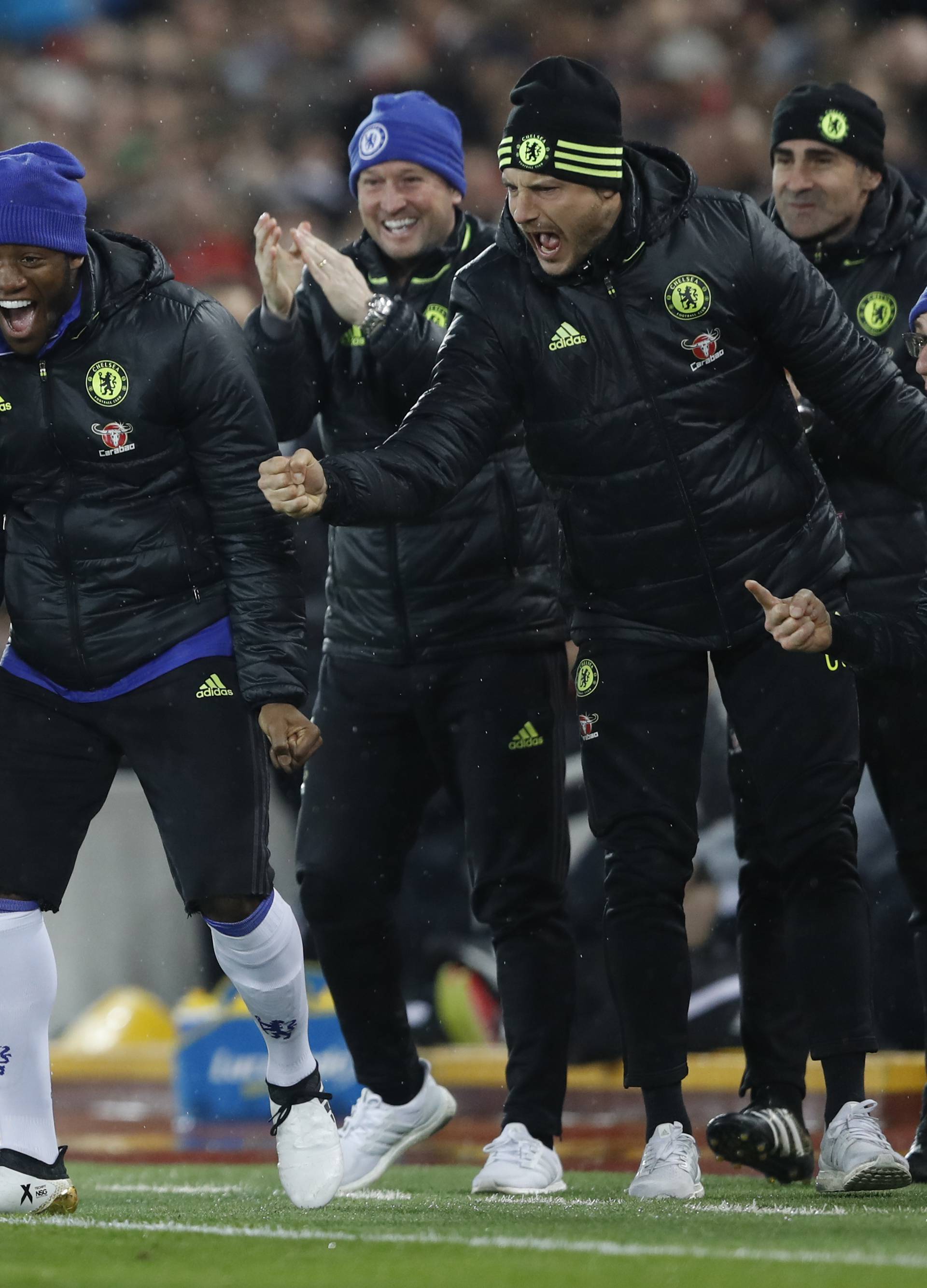 Chelsea's David Luiz celebrates scoring their first goal with manager Antonio Conte