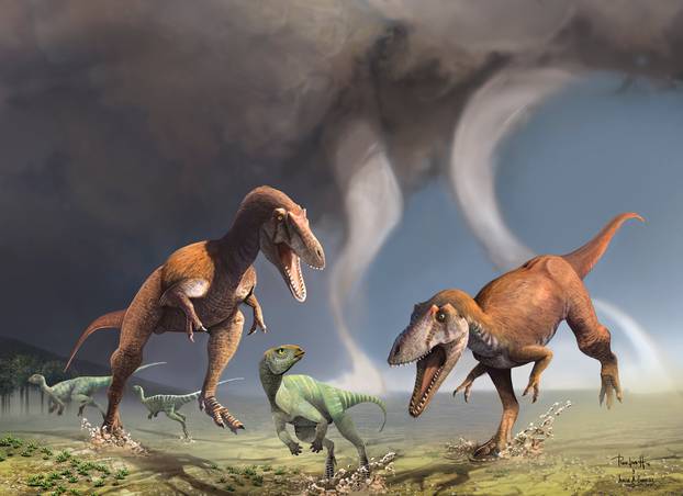 Two Cretaceous Period predatory dinosaurs named Gualicho shinyae hunting smaller bipedal herbivorous dinosaurs in northern Patagonia 90 million years ago