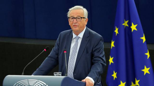 European Commission President Juncker delivers a speech during a debate on The State of the EU at the European Parliament in Strasbourg