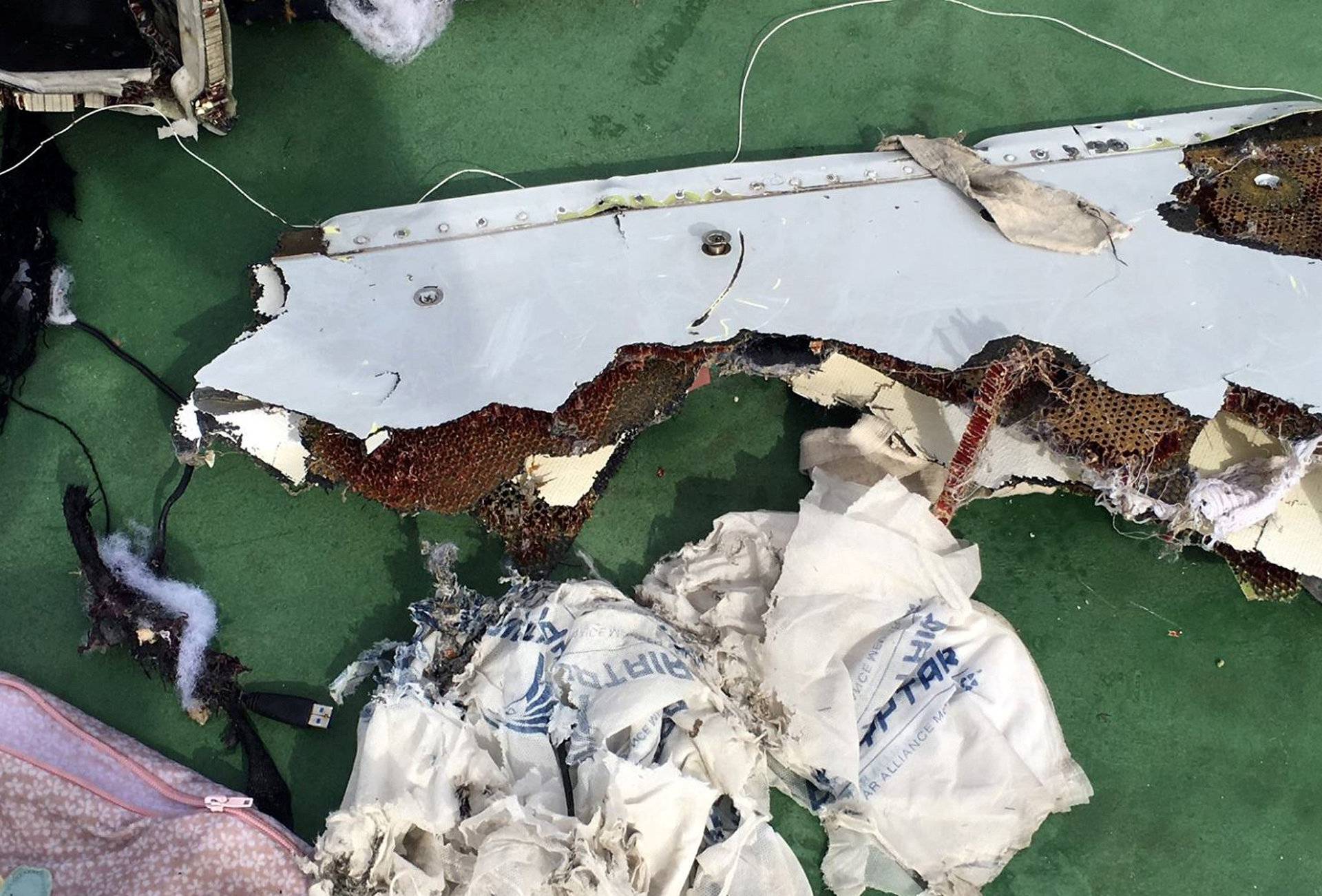 Recovered debris of the EgyptAir jet that crashed in the Mediterranean Sea are seen in this still image taken from video